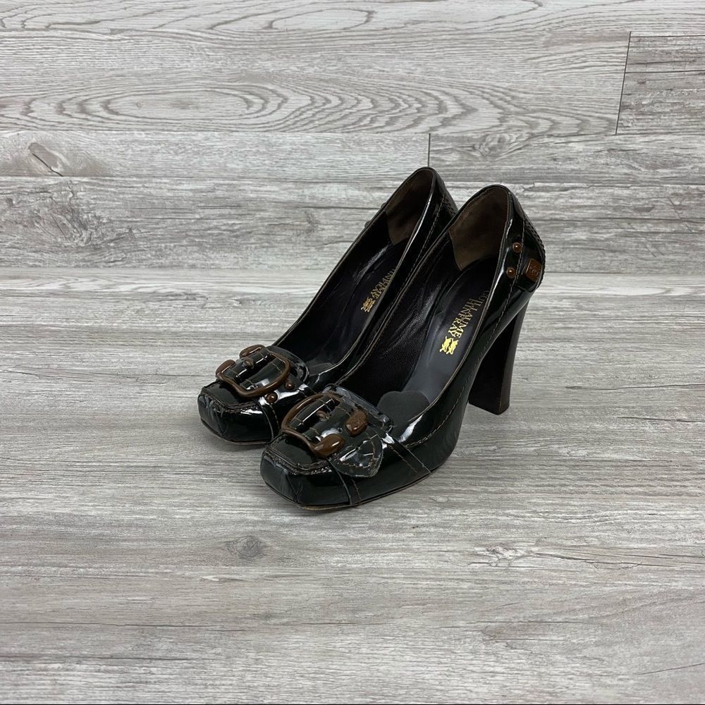 Guillaume Hinfray Brown patent Jute Pumps